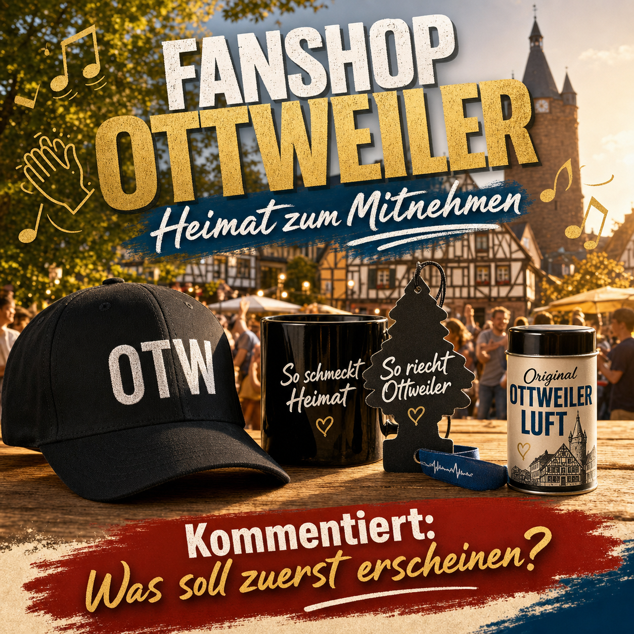 Ottweiler Fanshop Kampagnenmotiv mit Produkten und Altstadt